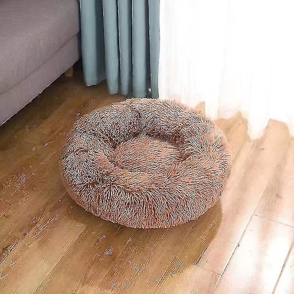 2 i 1 Rund Huvad Katt Hund Säng, Vinter Varm Mjuk Plysch Husdjur Bo, 50cm - Kaffe