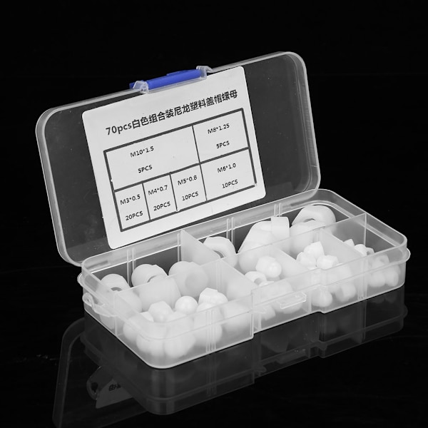 70 kpl M3/M4/M5/M6/M8/M10 Nylon-mutterisarja Kupoli- ja kuusiokolokantaiset mutterit (valkoiset)