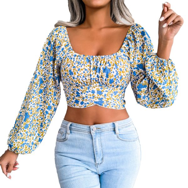 Naisten Kukallinen Neliökaulus Pitkähihainen Selkä Solmio Solmio Crop Top Paita Valkoinen XL