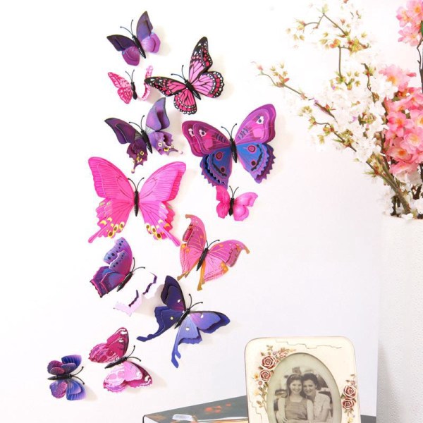 Lilla ,24 deler 3D sommerfugl veggklistremerker Sommerfugldekorasjon for fest, soverom, kakedekorasjon, for jenter og gutter