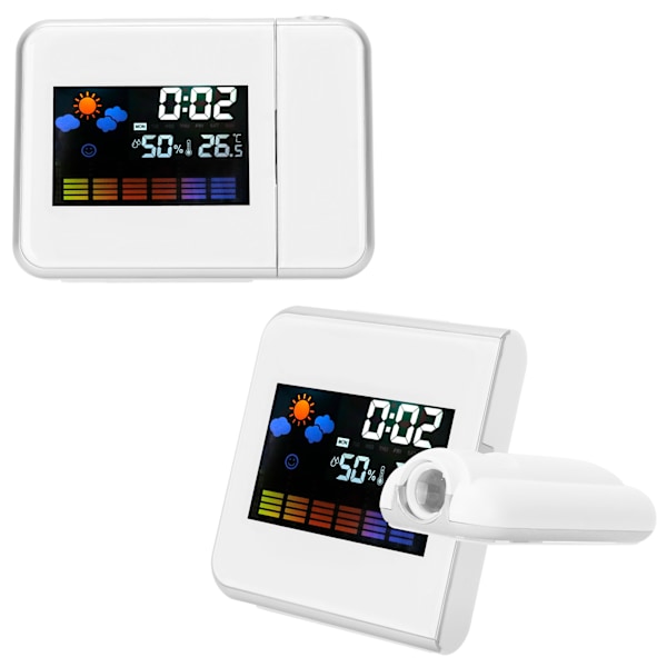 Inomhusprojektion LED-klocka Termometer Hygrometer Väderprognos Snooze Perpetual Calendar Vit