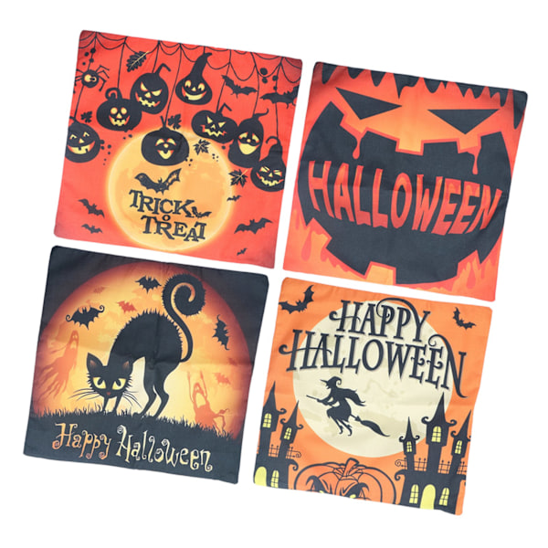 Halloween Putetrekk Gresskarmønster Glidelåslukking Linstoff Kaldtvannsvask Hjemmeputevar for Dekorasjoner 4 Pakning 04
