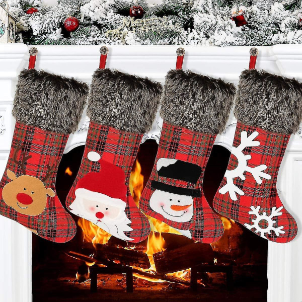 Julstrumpor, 4 paketti stora strumpor, säckplädstil med snöflinga Santa Snowman Ren Plysch fuskpälsstrumpor