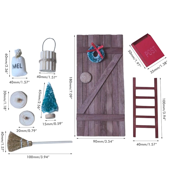 9 st Dockhus Tillbehör Gnome Dörr Set Dörr Kvast Julgran Brevlåda Stege Julkrans Jul Gnome Kit