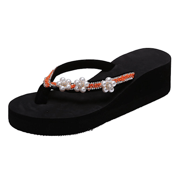 Rhinestone-bue med skrå hæl - Damer åpne tå komfortable klips-tå tøfler, avslappet strand flip-flops (Oransje, Størrelse 37)