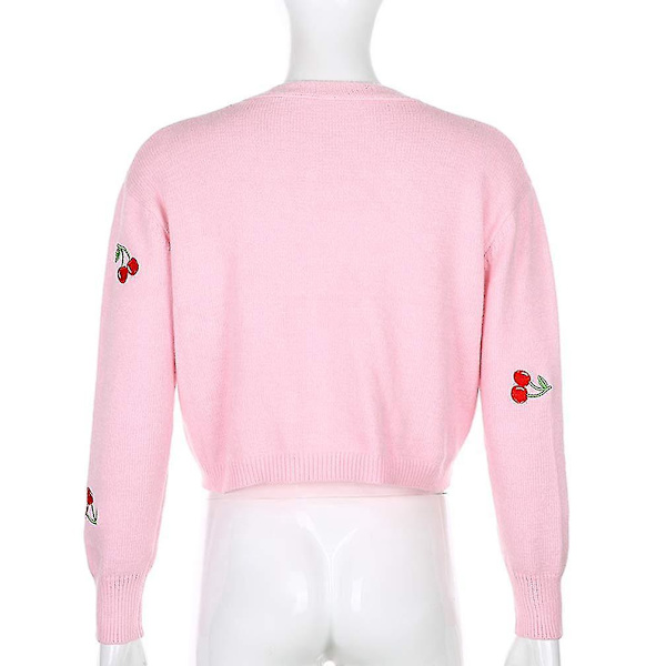 Cherry Broderet Strikket Cardigan til Kvinder - Langærmet med Knapper (Pink)
