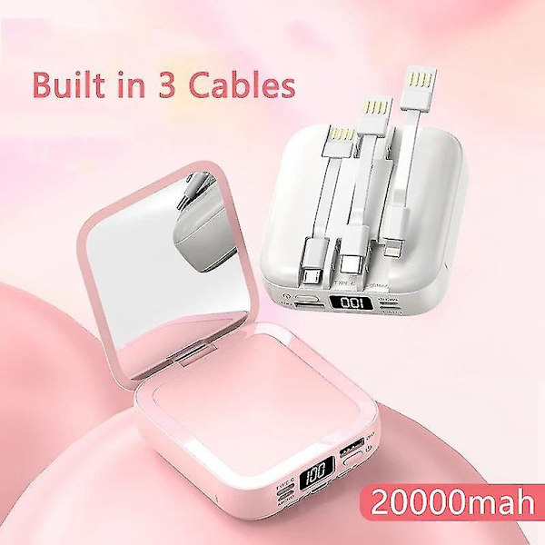 Bærbar Mini Powerbank med Makeup Spejl, LED Digital Display - 20000mAh Hvid