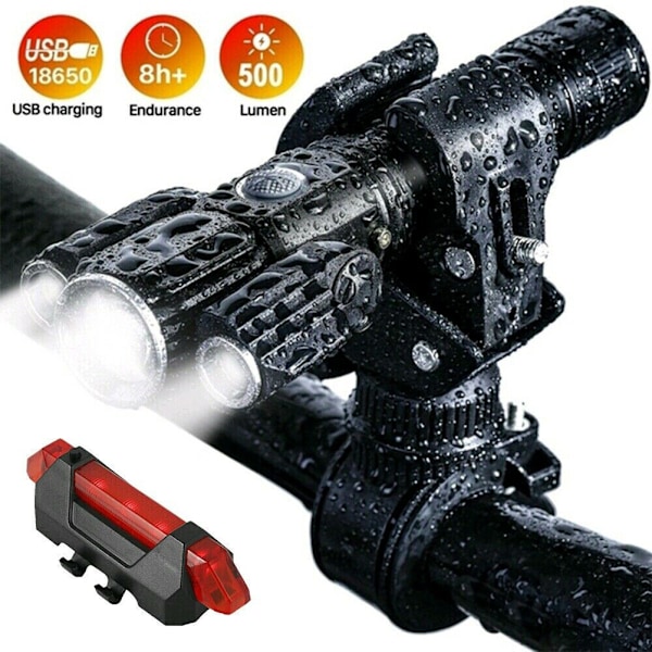 Aluminiumslegering Multifunksjon 3-hoders LED-sykkellamper Lampe USB-frontlykt Vanntett utendørs lommelykt