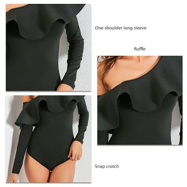 Kvinder Langærmet Bodysuit med én skulder Trendy Slim Fit Ren Farve Volant Jumpsuit med Trykknap i Skridtet Sort L