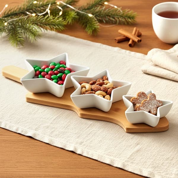 Porcelænsskåle med bambusbakke - 4 dele sæt 610