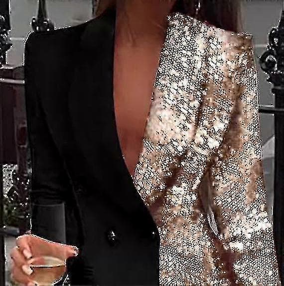 Dammode Farveblok Pailletter Langærmet Dobbeltradet Bodycon Blazer champagne S