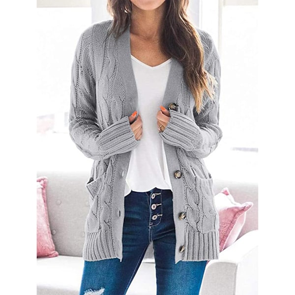 Kvinnor Cardigan Tröjor Höst Vinter Ren Färg Twist Stickad Snygg Casual Kvinnor Långärmad Kofta Grå M