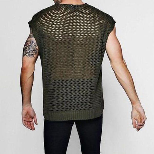Mænds Tanktop Mesh Design Ren Farve Ærmeløs Vest Maskinvask til Hjem Dating Grøn L