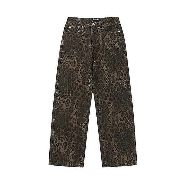 Brune leopardjeans dame denimbukser dame oversize bukser med vide ben - ya S