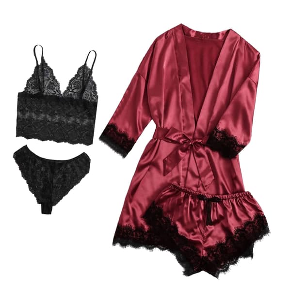 4st Kvinnor Satin Pyjamas Set Blommor Spets Trim Camisole Underkläder Sovkläder med Robe M Röd