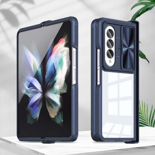 Fodral til Samsung Galaxy Z Fold 4 med skjutbart linsbeskyttelse, gangjernsbeskyttelse og genomskinligt bagstykke, støddæmper TPU + PC-telefonfodral 2022, blå