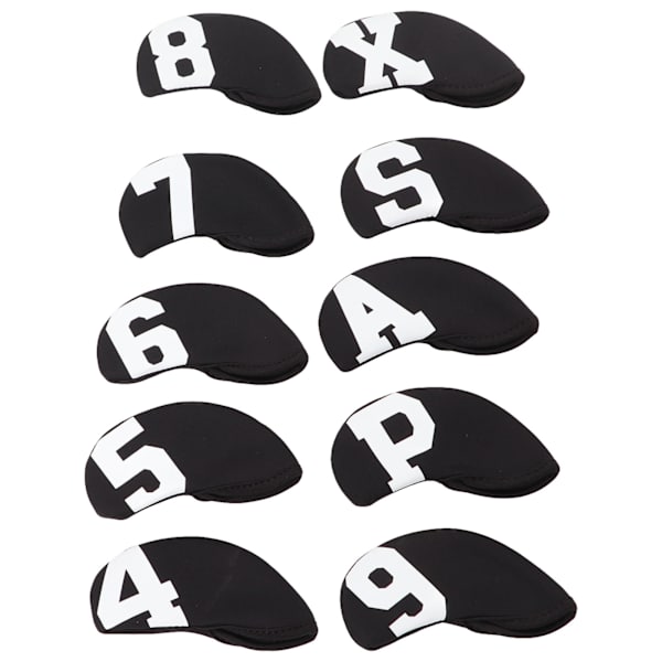 10 st/set Nummer Golf Iron Head Cover Set Neopren Golf Club Iron Protective Headcover Vita ord på svart bakgrund