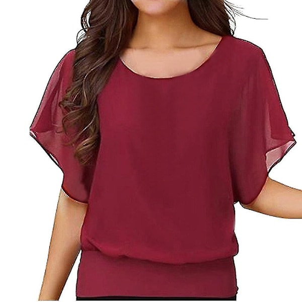 Rød Chiffon Batwing Ærme Løstsiddende Kvinders T-shirt Bluse