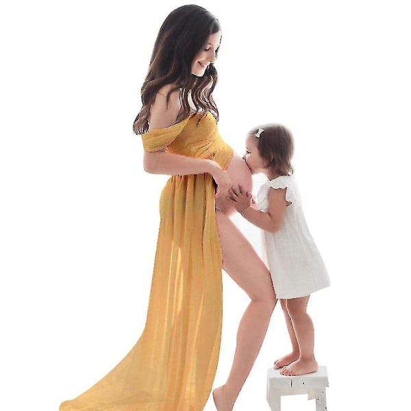 Kvinnors off-shulder långärmad gravidklänning för fotografering Gravidklänning för fotografering yellow S