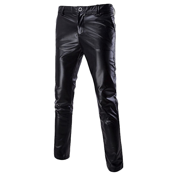 Bright Black Leather Mid-Waist Men's Casual Pants XS