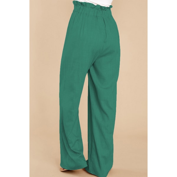 Løse bukser Vilde ben Høj talje elastisk taljebånd Sidelomme Flowy Slacks Bindende bælte Alsidig til kvinder Grøn L