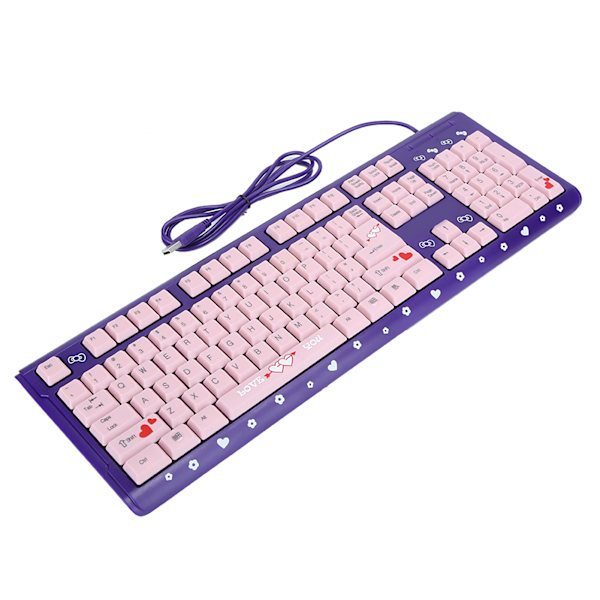 Tastatur USB-kabelkoblet Ultratynn søt tegneserie for hjemmekontor bærbar PC Universal (lilla og rosa)