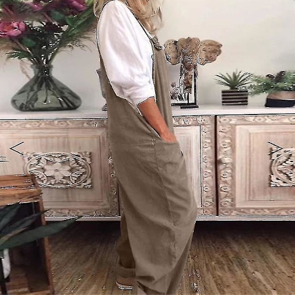 Linne Khaki Overall Suspender Byxor för Kvinnor