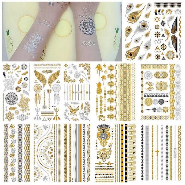 Metalliske tatoveringer Midlertidig tatoveringspapir Vanntett, avtagbar gull Sølv falske smykker Kroppskunst-klistremerke