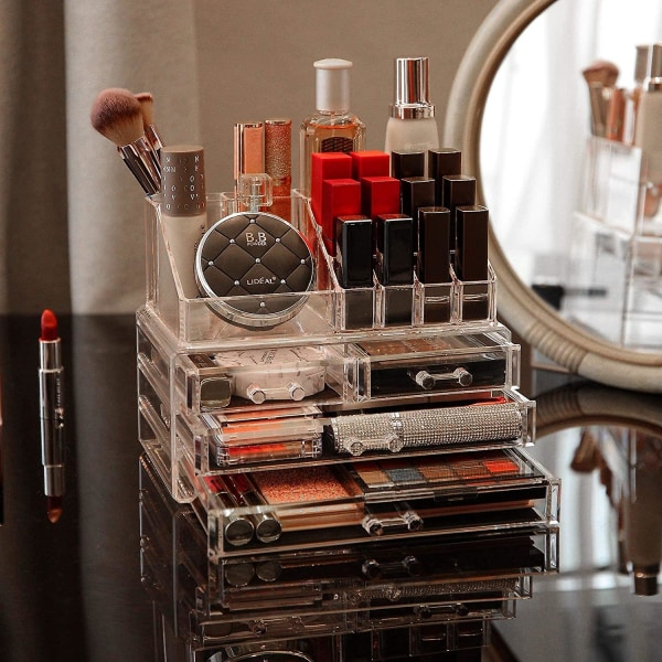 Akryl Clear Makeup Organizer och förvaring Stapelbar hudvård Kosmetisk case med 4 lådor Sminkställ för smycken Håraccessoarer Skönhet