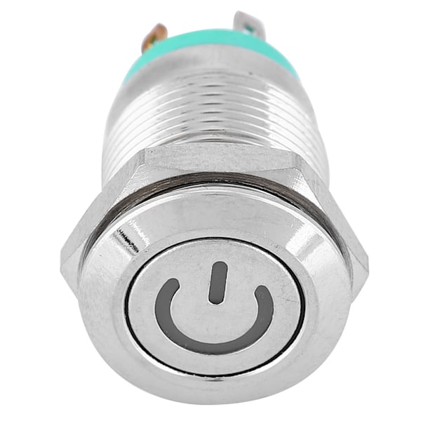 Grønt LED-lys fladt hoved selvtilbageførende metaltryknap med strømssymbol 12mm (12V)
