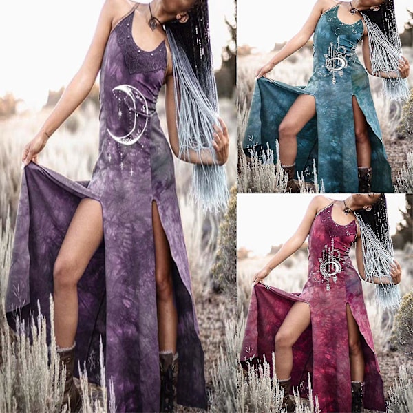 Gotisk Viking Tribal Ermeløs Kjole Halloween Kostyme - Vintage Kvinners Svart
