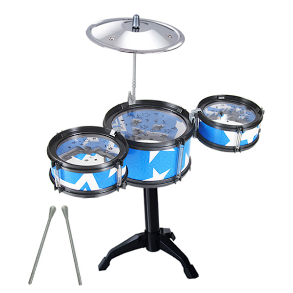 Barn trumset med 3 trummor 2 pinnar justerbar pedal Nybörjarslagverk för pojkar och flickor Svart ram Blå