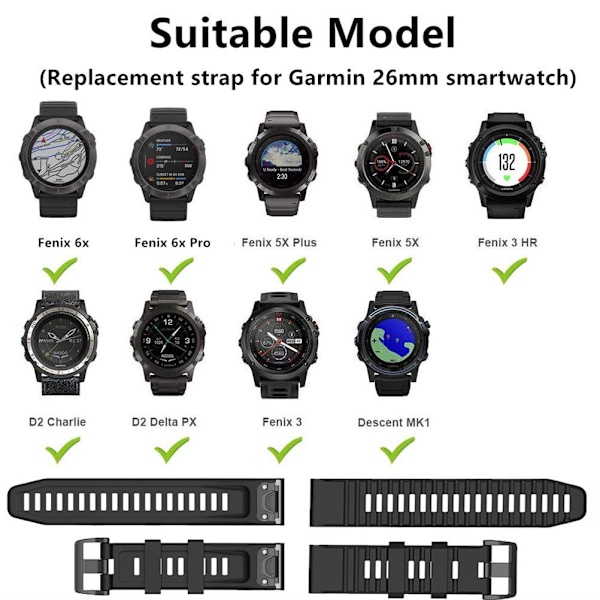 Erstatningsremmer som er kompatible for Garmin Fenix ​​7X/Fenix ​​6X GPS/Fenix ​​6X PRO Klokkesilikonrem 26 mm hurtigkoblingsrem med verktøy