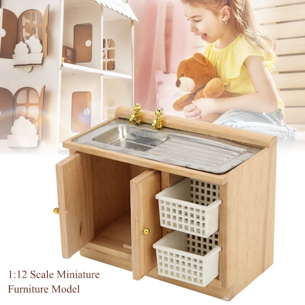 Dockhus 1:12 Miniatyr möbelmodell Köksdiskbord med korgar