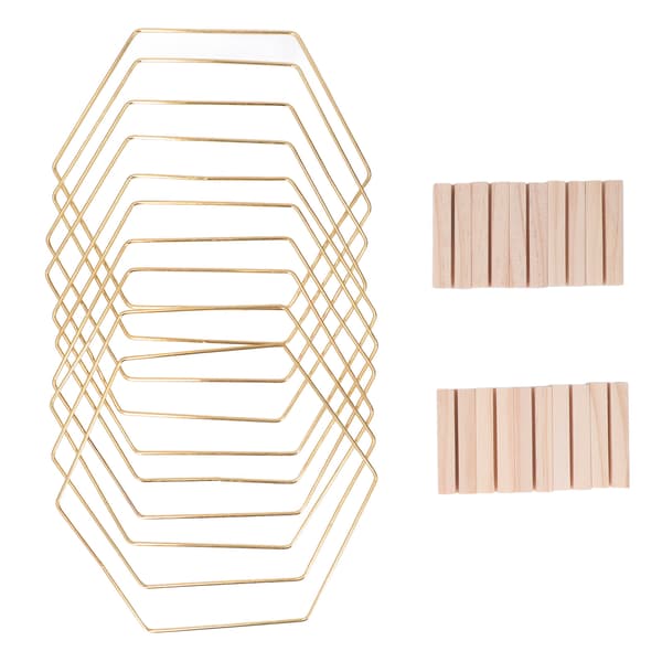 10 Set Skrivbords Blomsterbåge Hexagonal Metall DIY Bordskransring med Träbas för Bröllop Vardagsrum Guld