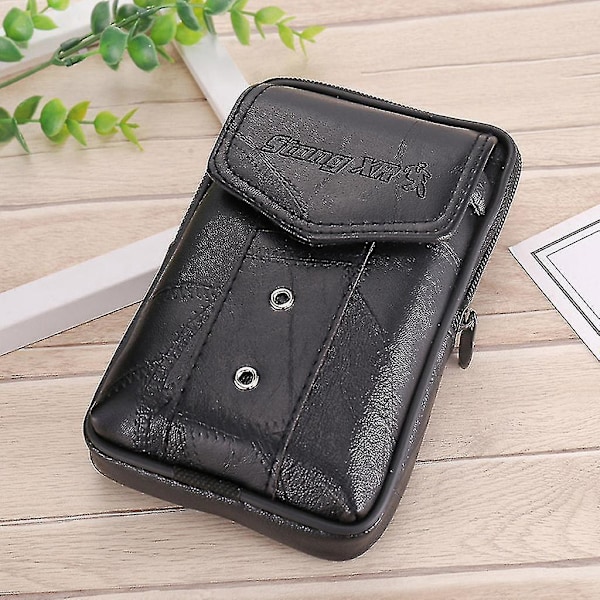 Vintage Läder Herr Midjeväska Telefonficka Höftbälte Loop Holster Plånbok - Svart