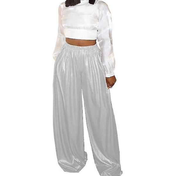 Metallic Silver Wide Leg Mid Waist Trousers