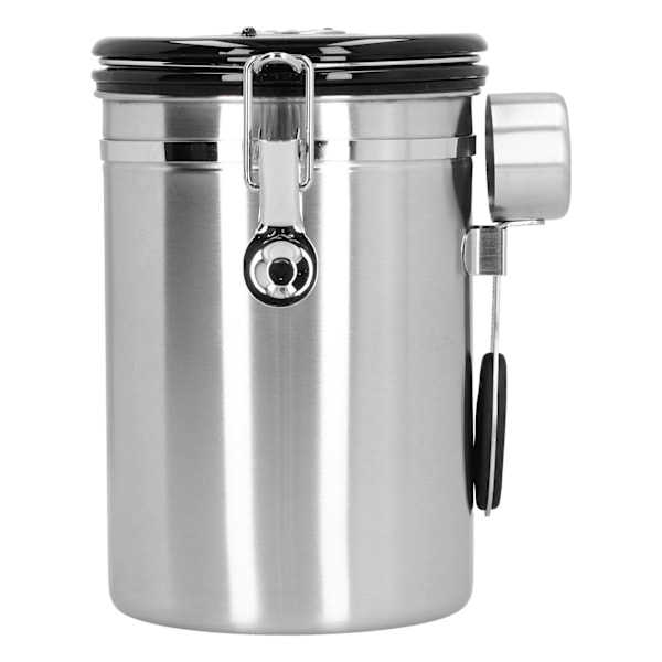 Kaffebönor Canister med avgasventil Rostfritt stål Förseglingsbehållare med skedSilver