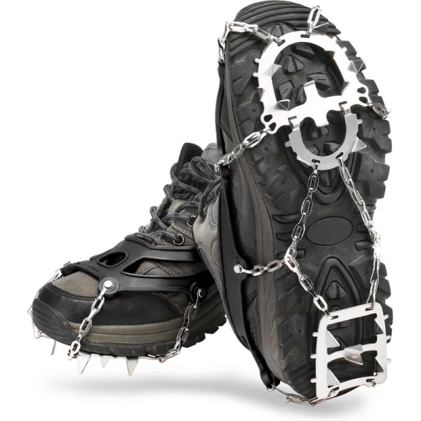 18 Spikes Traction Crampons Damer Menn Anti-skli Ice Snow Grips med oppbevaringspose for fotturer, fotturer, fiske, fjellklatring, Modell: Black L