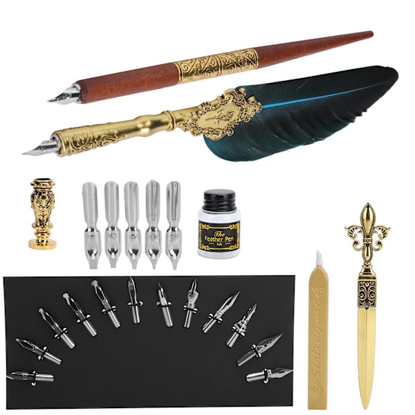 Fjäder Pen Set Kalligrafi Skriva Teckning Quill Dip Kit Vintage Art Craft CollectionSP248011R Lake Blue