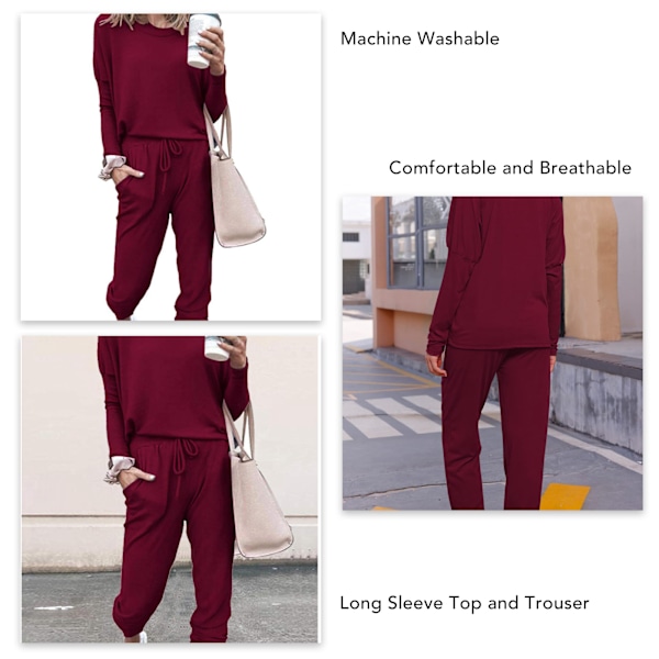 Dam 2-delad outfit Lös Stretchig Snygg långärmad tröja Byxa Höst Loungewear Pyjamasset Vinröd S