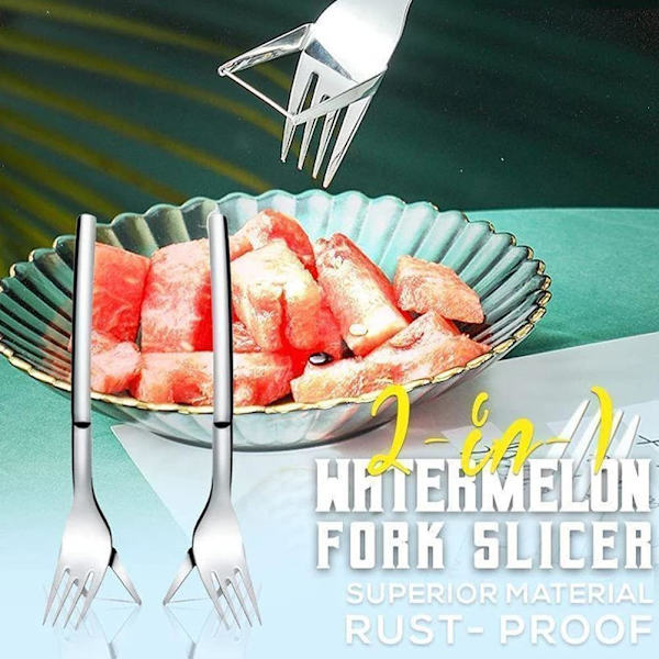 Multifunktionel 2-i-1 vandmelongaffelskniv Vandmelon frugtskæregaffelstykker porcelænsgaffel