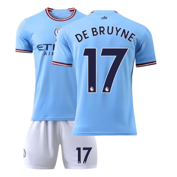 22-23 Manchester City tröja nr 17 De Bruyne hemma och borta barns vuxen nr 10 Aguero fotbollströja set toppar och byxor 18 NO.17