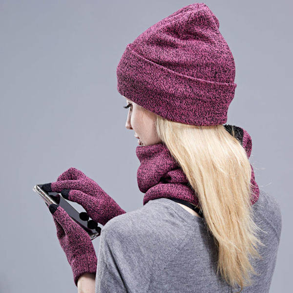 3st Vinterstickad mössa Scarfhandskar Set Fleecefodrad Varm Beanie Touch Screen Handskar för Kvinnor Män Utomhus Cykling Skidåkning