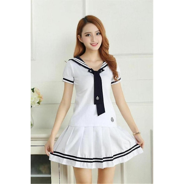 Søt Japansk Skoleuniform Sailor Suit Sett for Jenter - Hvit XXL