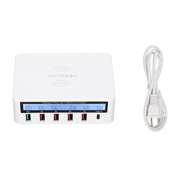 USB-telefonopladerblok 40W 6-ports QC 3.0 Opladningshub Trådløs opladningsbase med LCD Dispaly 100‑240V Hvid US-stik