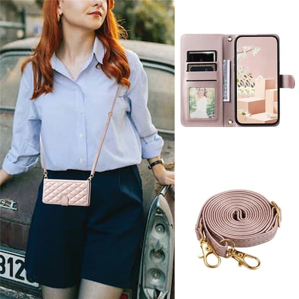 【NX】Compatible with iPhone 17 Quilted Shoulder Strap Wallet Case - Rose Gold Rosa guld pink