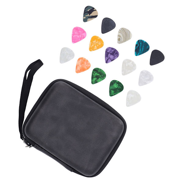 Guitar Pick Bag Set Celluloid Picks Förvaringsväska Hållare Fodral PU Läder för instrumenttillbehör Svart