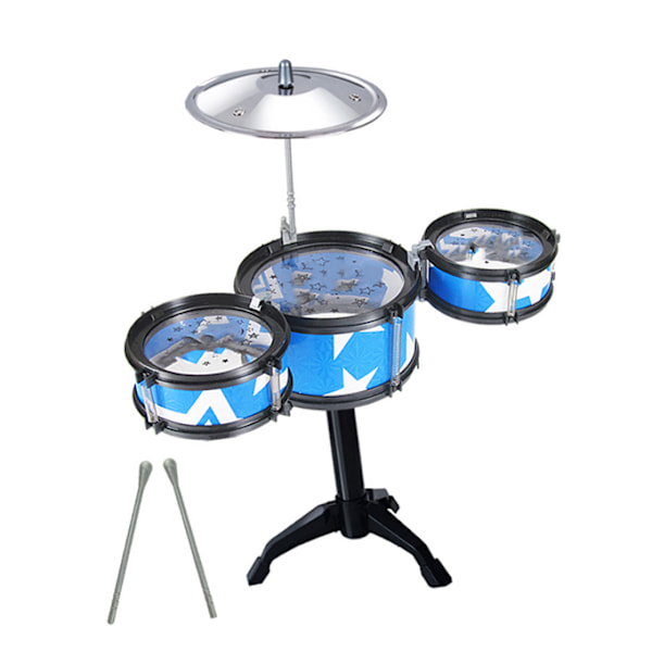 Barn trumset med 3 trummor 2 pinnar justerbar pedal Nybörjarslagverk för pojkar och flickor Svart ram Blå