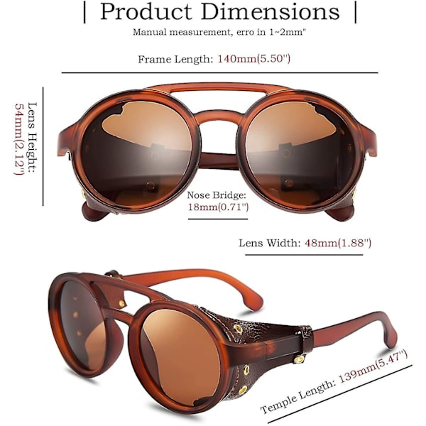Steampunk-pyöreät aurinkolasit Vintage Retro Silmälasit Nahka Brown